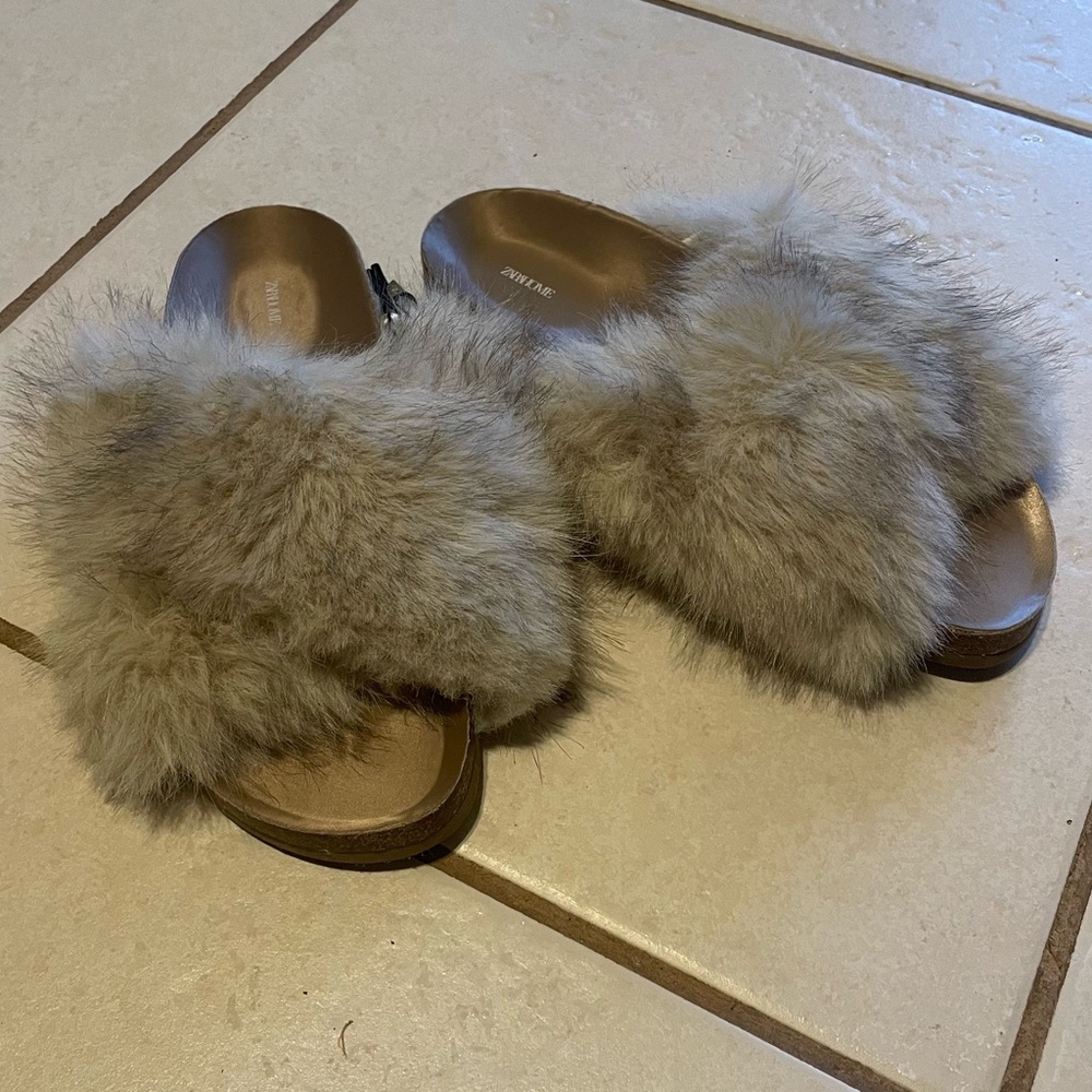 Faux Fur Slide Sandals Slides Flip Flops - Tan